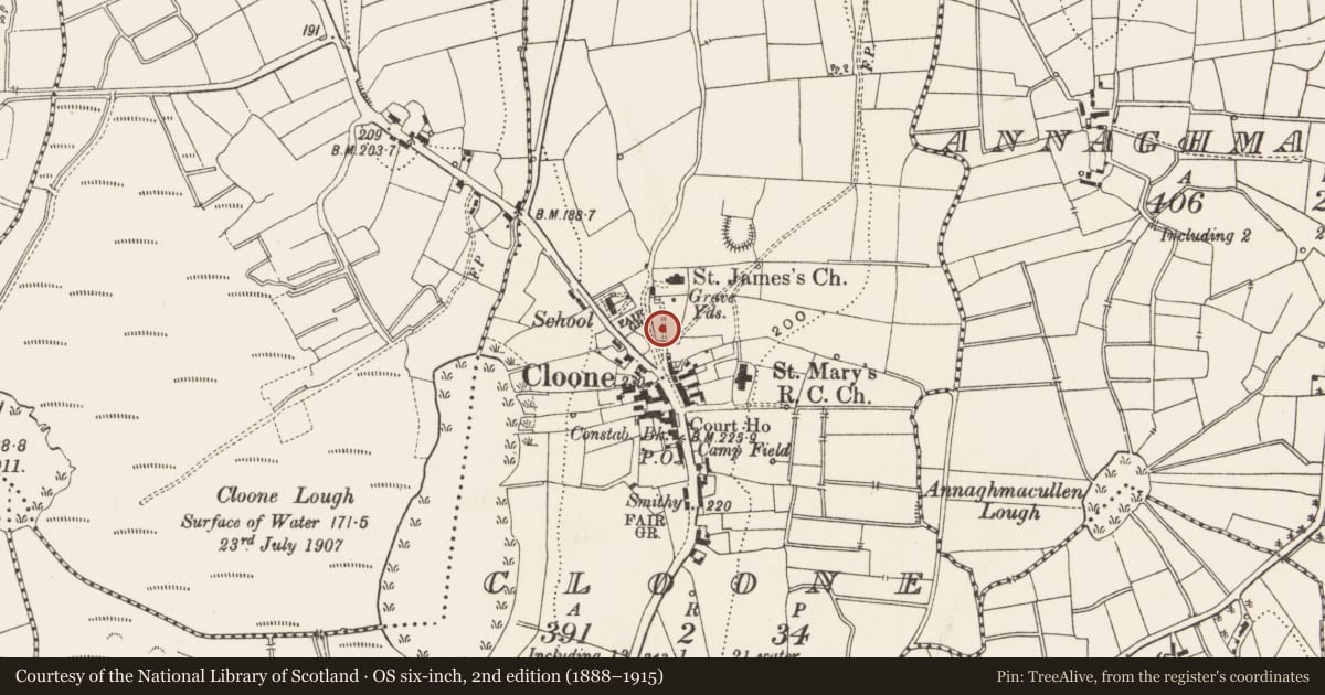 Ordnance Survey six-inch map, 2nd edition (1888–1915) covering the location of Graveyard, Cloone, County Leitrim, with a pin at the register's coordinates