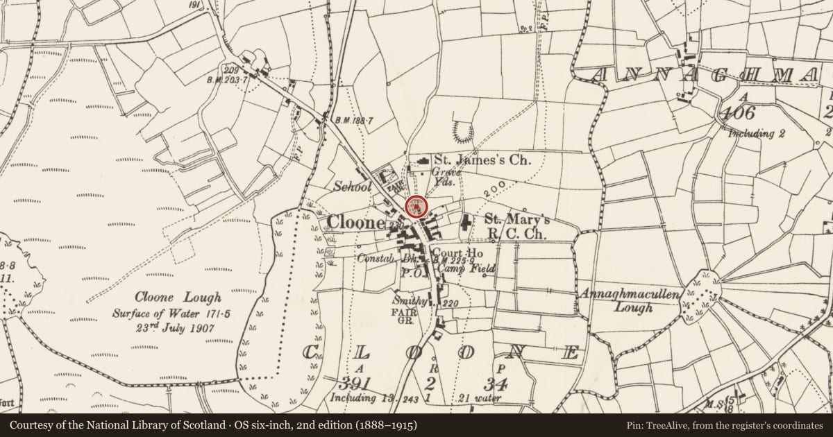 Ordnance Survey six-inch map, 2nd edition (1888–1915) covering the location of Cross - High cross, Cloone, County Leitrim, with a pin at the register's coordinates