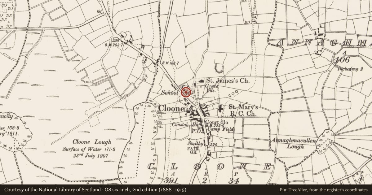 Ordnance Survey six-inch map, 2nd edition (1888–1915) covering the location of Cross-inscribed stone, Cloone, County Leitrim, with a pin at the register's coordinates