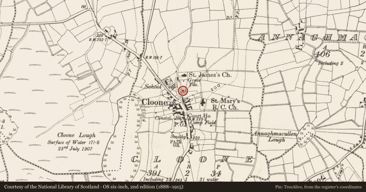 Ordnance Survey six-inch map, 2nd edition (1888–1915) covering the location of Stone sculpture, Cloone, County Leitrim, with a pin at the register's coordinates