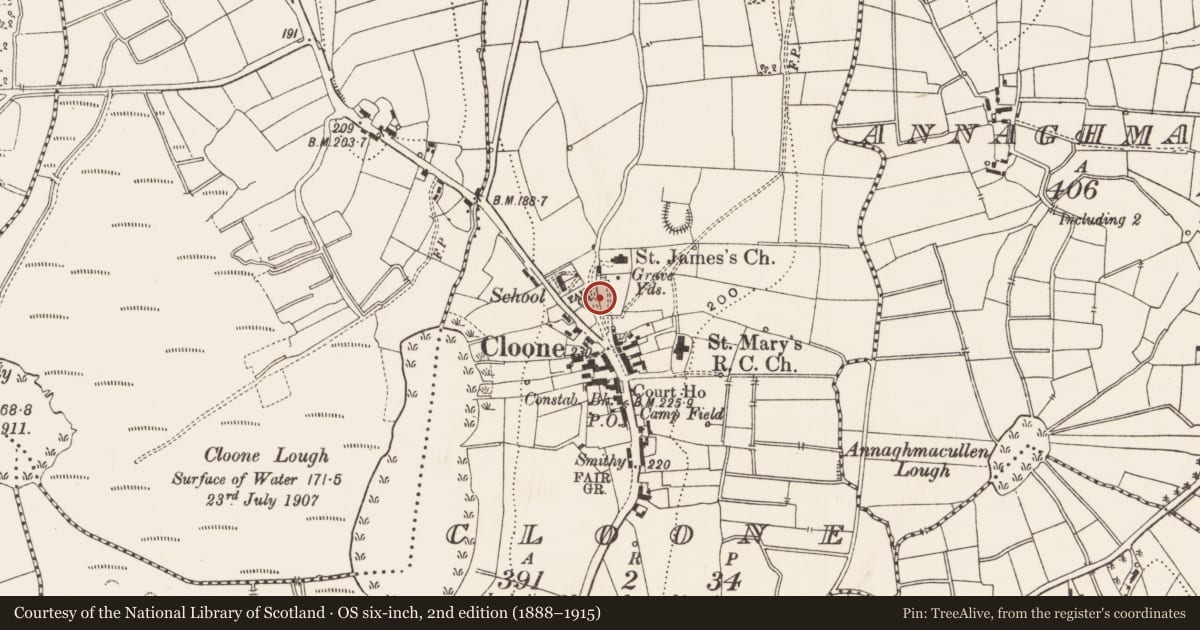 Ordnance Survey six-inch map, 2nd edition (1888–1915) covering the location of Cross - High cross, Cloone, County Leitrim, with a pin at the register's coordinates