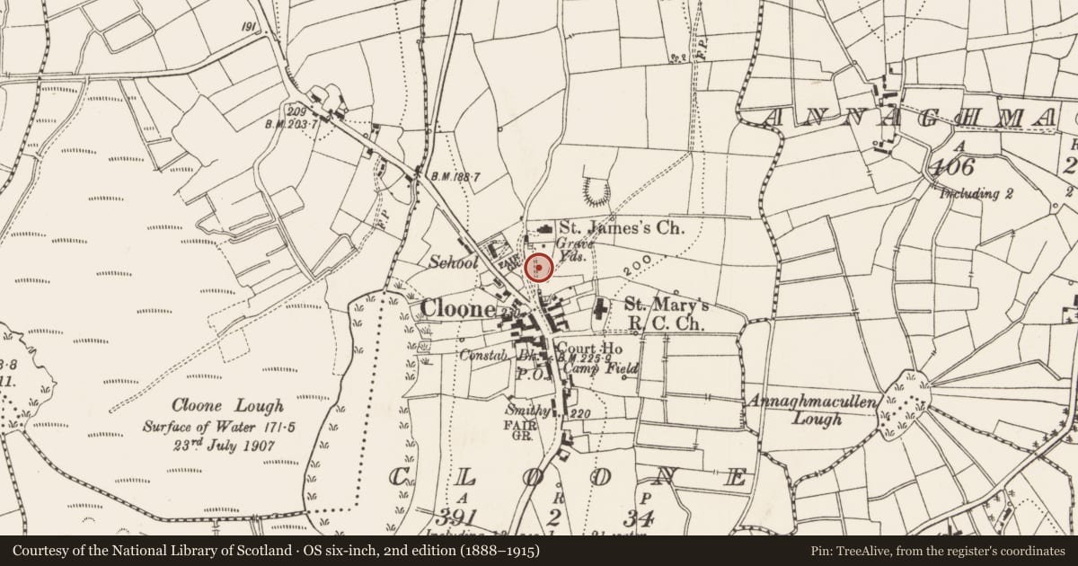 Ordnance Survey six-inch map, 2nd edition (1888–1915) covering the location of Architectural fragment, Cloone, County Leitrim, with a pin at the register's coordinates