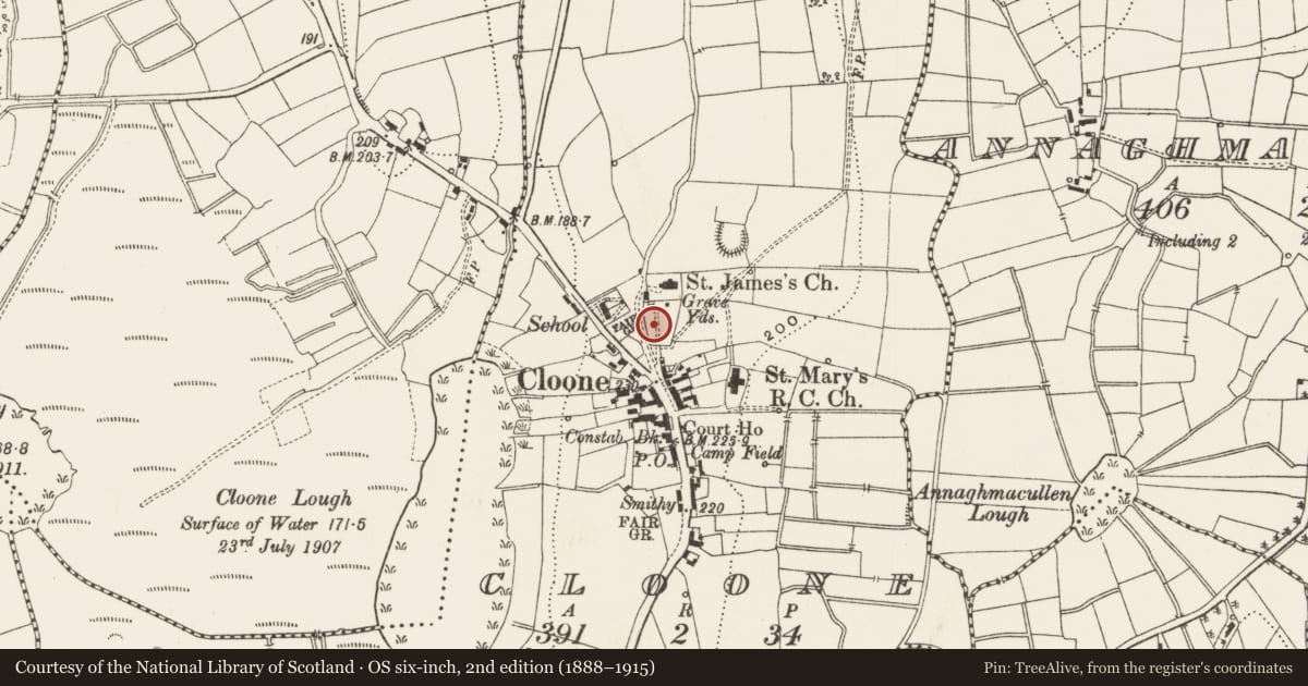 Ordnance Survey six-inch map, 2nd edition (1888–1915) covering the location of Cross-inscribed stone, Cloone, County Leitrim, with a pin at the register's coordinates