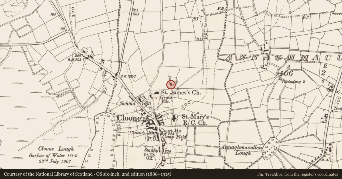 Ordnance Survey six-inch map, 2nd edition (1888–1915) covering the location of Ringfort - rath, Cloone, County Leitrim, with a pin at the register's coordinates