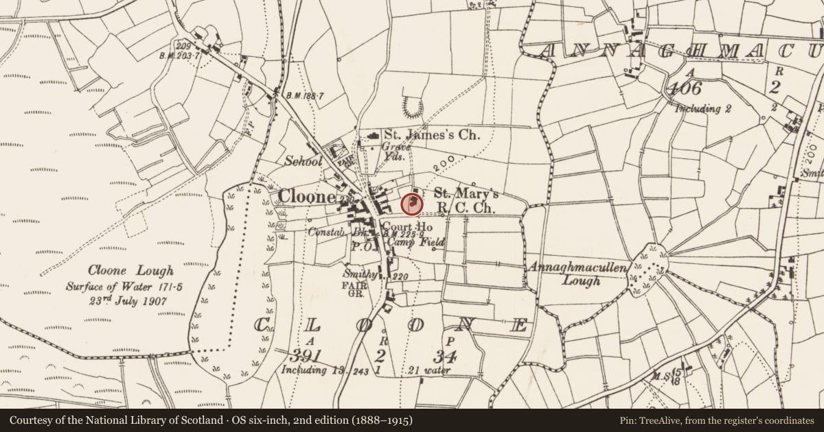 Ordnance Survey six-inch map, 2nd edition (1888–1915) covering the location of Church, Cloone, County Leitrim, with a pin at the register's coordinates