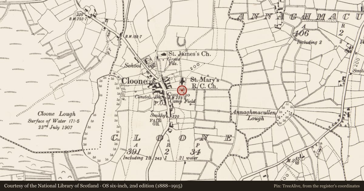 Ordnance Survey six-inch map, 2nd edition (1888–1915) covering the location of Cross - High cross (present location), Cloone, County Leitrim, with a pin at the register's coordinates