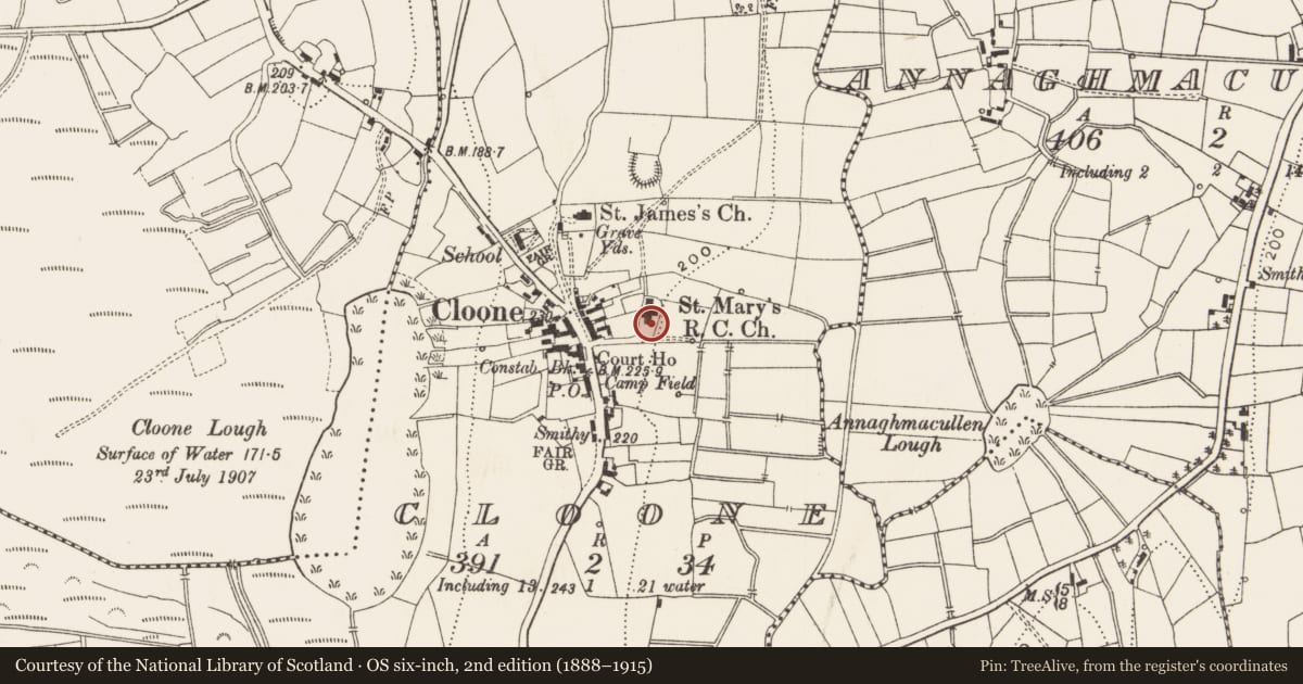 Ordnance Survey six-inch map, 2nd edition (1888–1915) covering the location of Church, Cloone, County Leitrim, with a pin at the register's coordinates