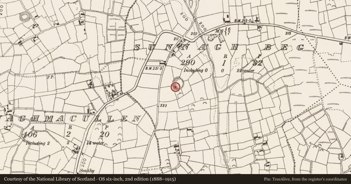 Ordnance Survey six-inch map, 2nd edition (1888–1915) covering the location of Ringfort - rath, Sunnagh Beg, County Leitrim, with a pin at the register's coordinates