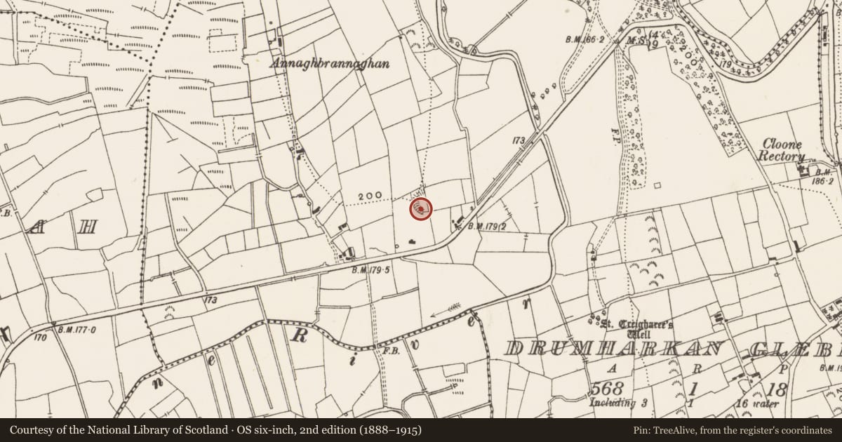 Ordnance Survey six-inch map, 2nd edition (1888–1915) covering the location of Ringfort - rath, Drumharkan Glebe, County Leitrim, with a pin at the register's coordinates