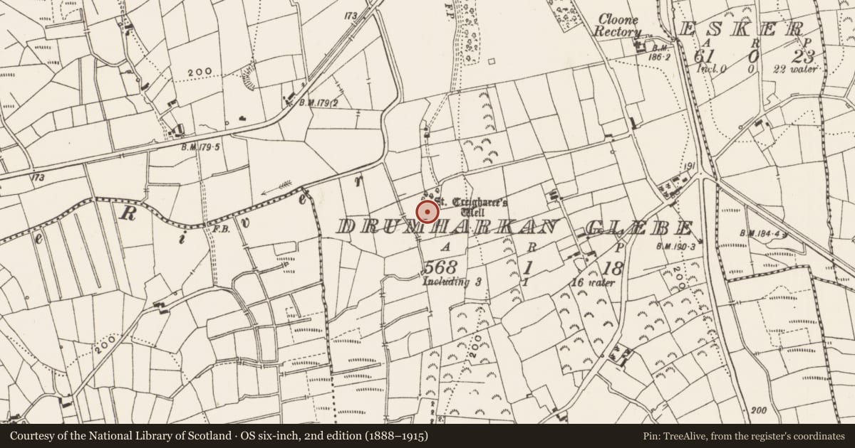 Ordnance Survey six-inch map, 2nd edition (1888–1915) covering the location of Ritual site - holy well, Drumharkan Glebe, County Leitrim, with a pin at the register's coordinates