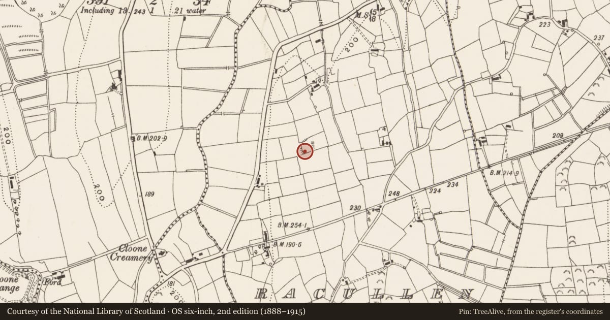 Ordnance Survey six-inch map, 2nd edition (1888–1915) covering the location of Ringfort - rath, Racullen, County Leitrim, with a pin at the register's coordinates