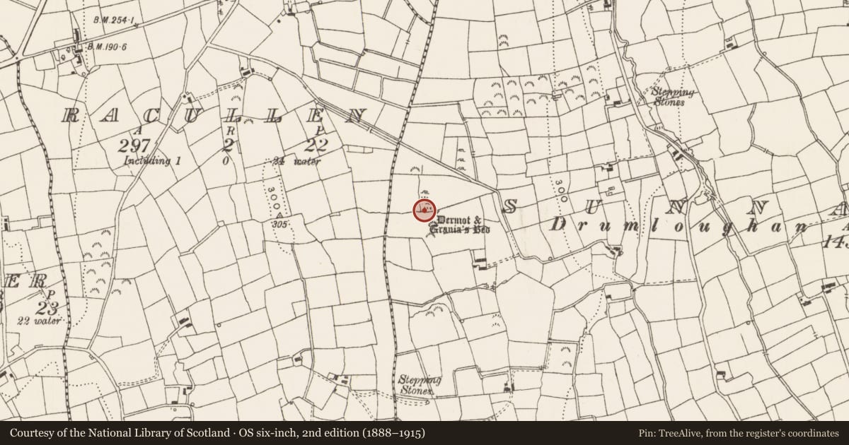 Ordnance Survey six-inch map, 2nd edition (1888–1915) covering the location of Megalithic tomb - portal tomb, Sunnagh More, County Leitrim, with a pin at the register's coordinates