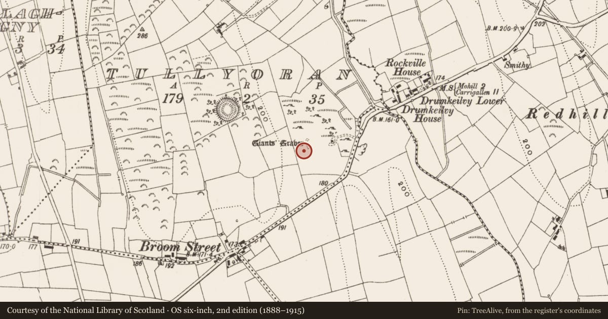 Ordnance Survey six-inch map, 2nd edition (1888–1915) covering the location of Megalithic tomb - unclassified, Tullyoran, County Leitrim, with a pin at the register's coordinates