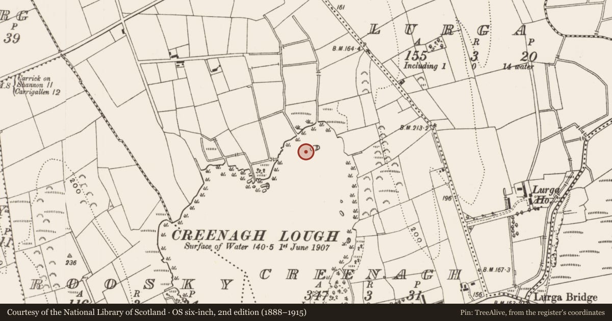 Ordnance Survey six-inch map, 2nd edition (1888–1915) covering the location of Crannog, Creenagh, County Leitrim, with a pin at the register's coordinates