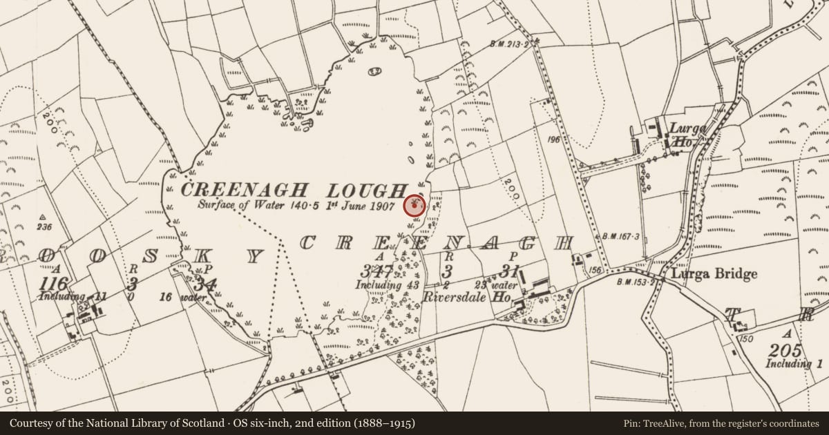 Ordnance Survey six-inch map, 2nd edition (1888–1915) covering the location of Crannog, Creenagh, County Leitrim, with a pin at the register's coordinates