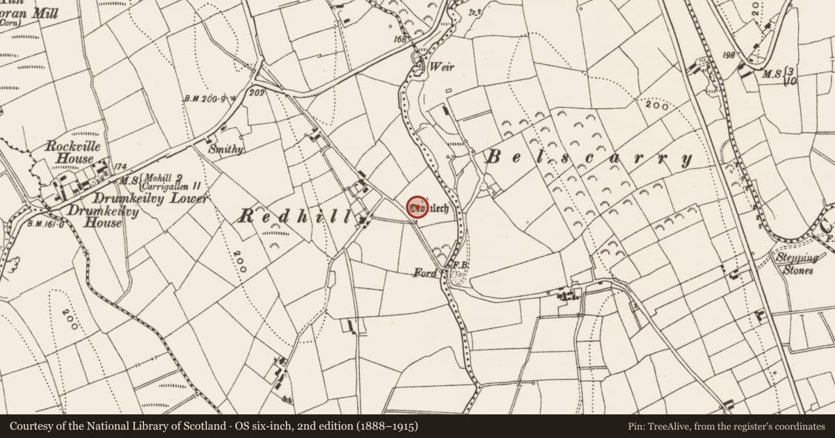 Ordnance Survey six-inch map, 2nd edition (1888–1915) covering the location of Megalithic tomb - unclassified, Drumkeilvy, County Leitrim, with a pin at the register's coordinates