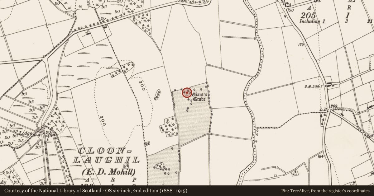 Ordnance Survey six-inch map, 2nd edition (1888–1915) covering the location of Megalithic tomb - court tomb, Creenagh, County Leitrim, with a pin at the register's coordinates