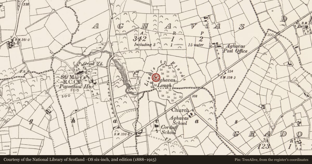 Ordnance Survey six-inch map, 2nd edition (1888–1915) covering the location of Crannog, Aghavas, County Leitrim, with a pin at the register's coordinates