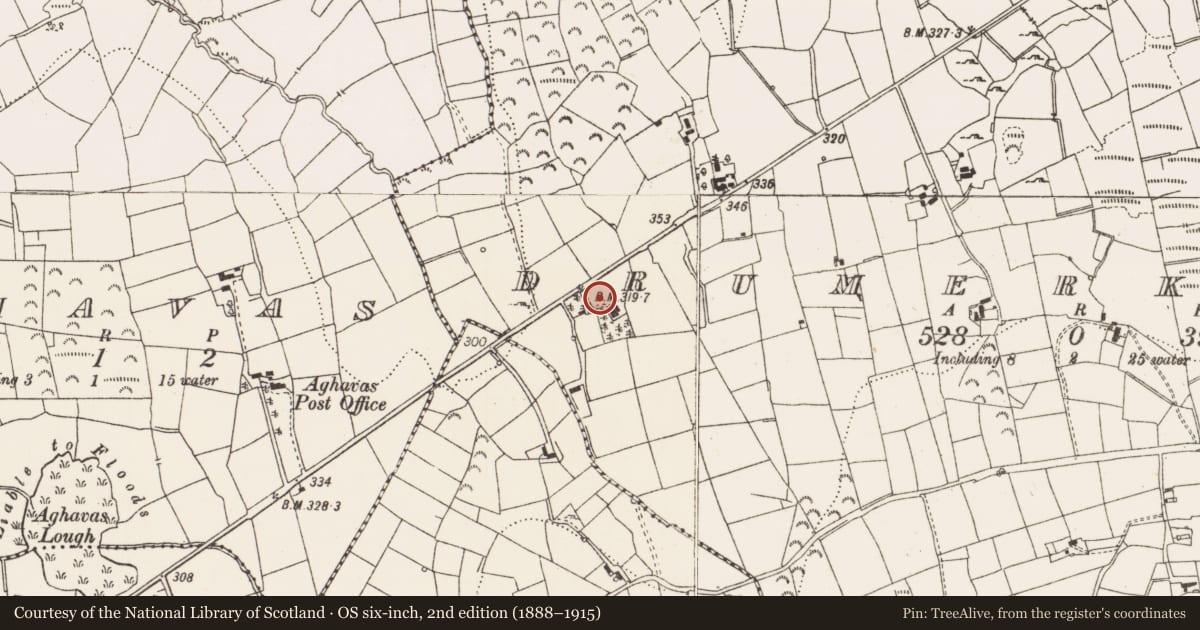 Ordnance Survey six-inch map, 2nd edition (1888–1915) covering the location of Megalithic structure, Drumerkeane, County Leitrim, with a pin at the register's coordinates
