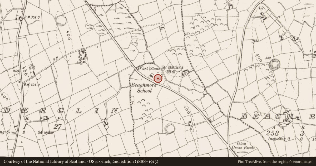 Ordnance Survey six-inch map, 2nd edition (1888–1915) covering the location of Ritual site - holy well, Beagh More, County Leitrim, with a pin at the register's coordinates