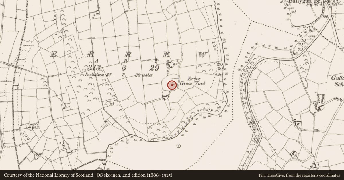 Ordnance Survey six-inch map, 2nd edition (1888–1915) covering the location of Burial ground, Errew, County Leitrim, with a pin at the register's coordinates
