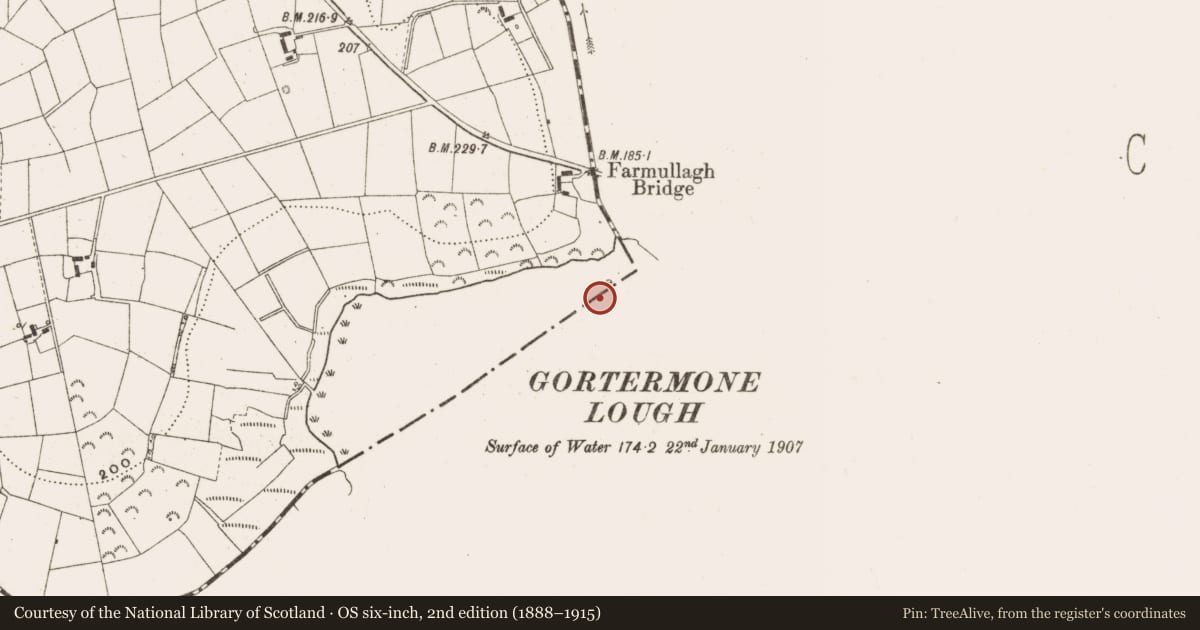 Ordnance Survey six-inch map, 2nd edition (1888–1915) covering the location of Crannog, Gortermone, County Leitrim, with a pin at the register's coordinates