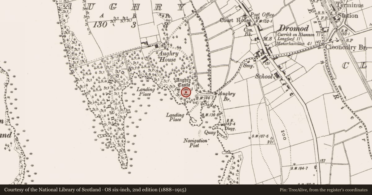 Ordnance Survey six-inch map, 2nd edition (1888–1915) covering the location of House - fortified house, Aughry, County Leitrim, with a pin at the register's coordinates