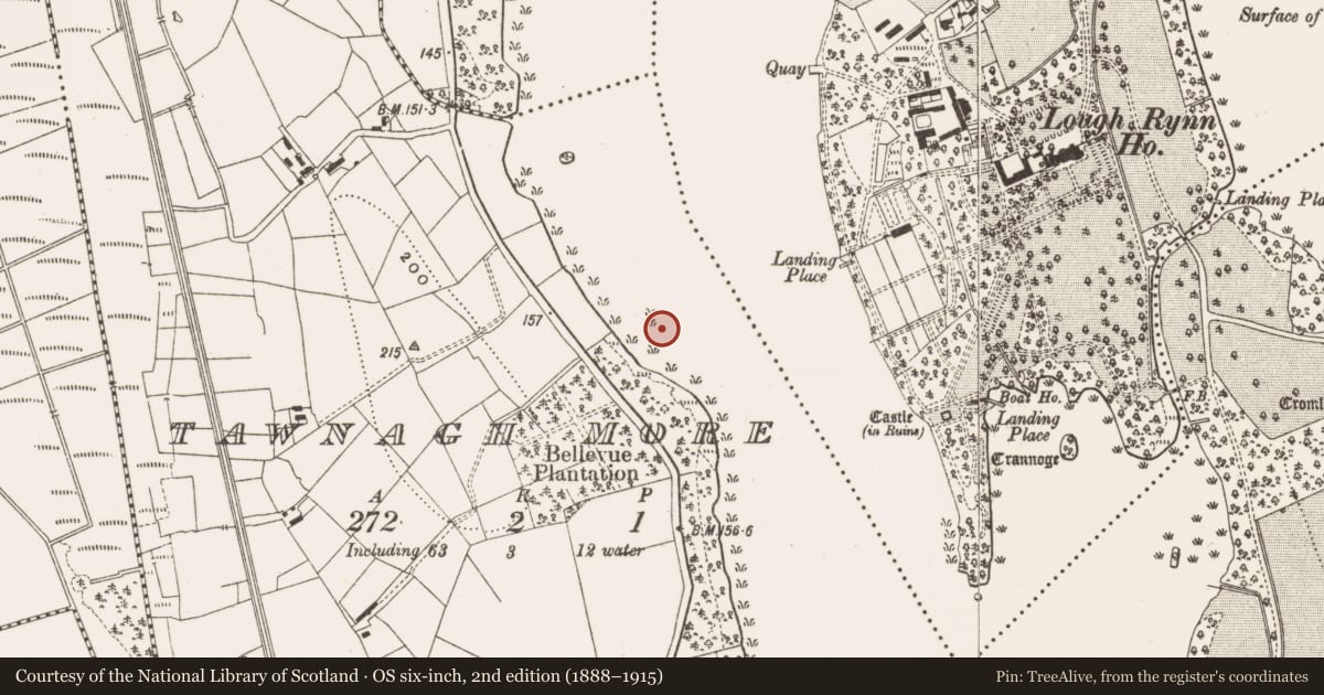 Ordnance Survey six-inch map, 2nd edition (1888–1915) covering the location of Crannog, Tawnagh More, County Leitrim, with a pin at the register's coordinates