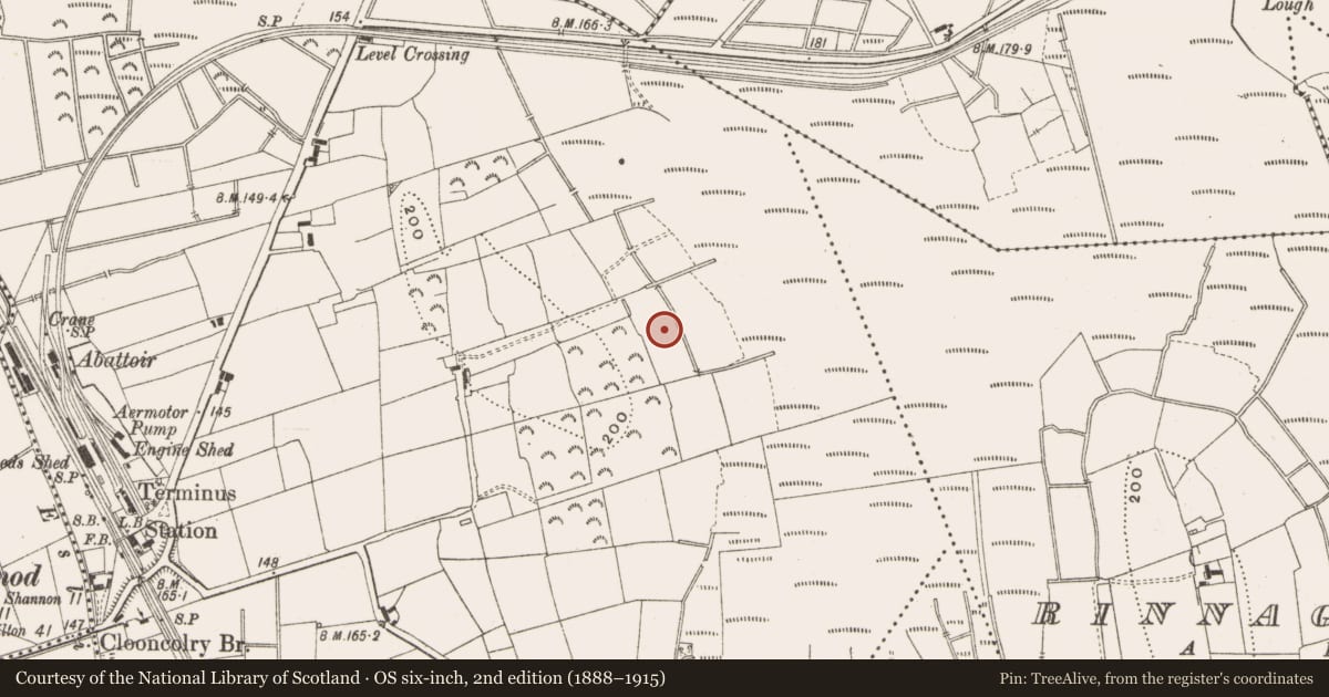 Ordnance Survey six-inch map, 2nd edition (1888–1915) covering the location of Fulacht fia, Clooncolry, County Leitrim, with a pin at the register's coordinates