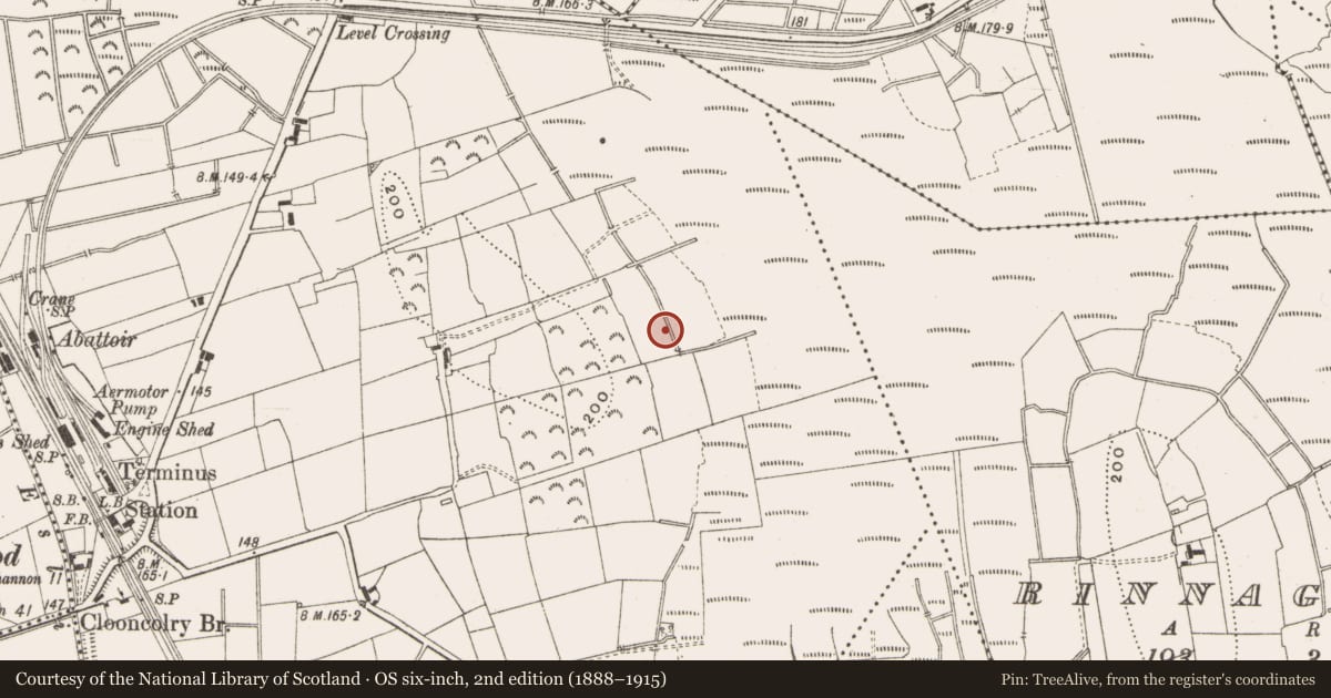 Ordnance Survey six-inch map, 2nd edition (1888–1915) covering the location of Burnt mound, Clooncolry, County Leitrim, with a pin at the register's coordinates