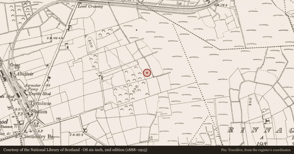 Ordnance Survey six-inch map, 2nd edition (1888–1915) covering the location of Burnt mound, Clooncolry, County Leitrim, with a pin at the register's coordinates