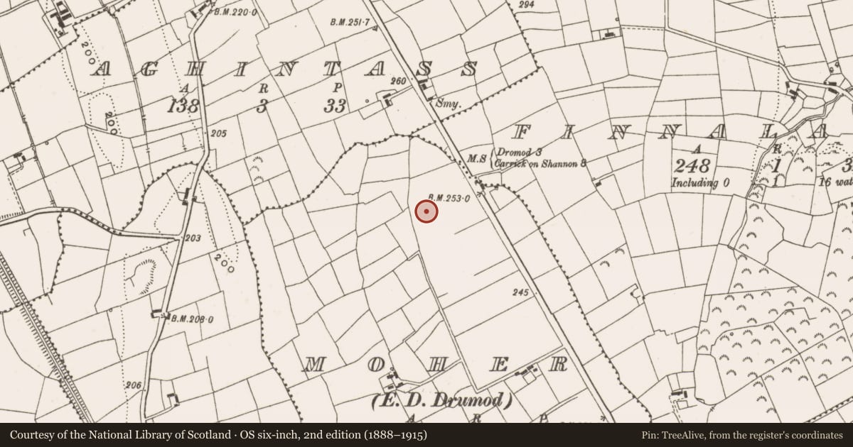 Ordnance Survey six-inch map, 2nd edition (1888–1915) covering the location of Enclosure, Moher, County Leitrim, with a pin at the register's coordinates