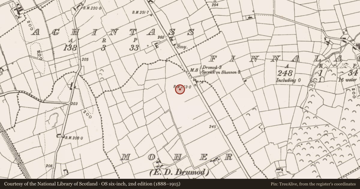 Ordnance Survey six-inch map, 2nd edition (1888–1915) covering the location of Enclosure, Moher, County Leitrim, with a pin at the register's coordinates