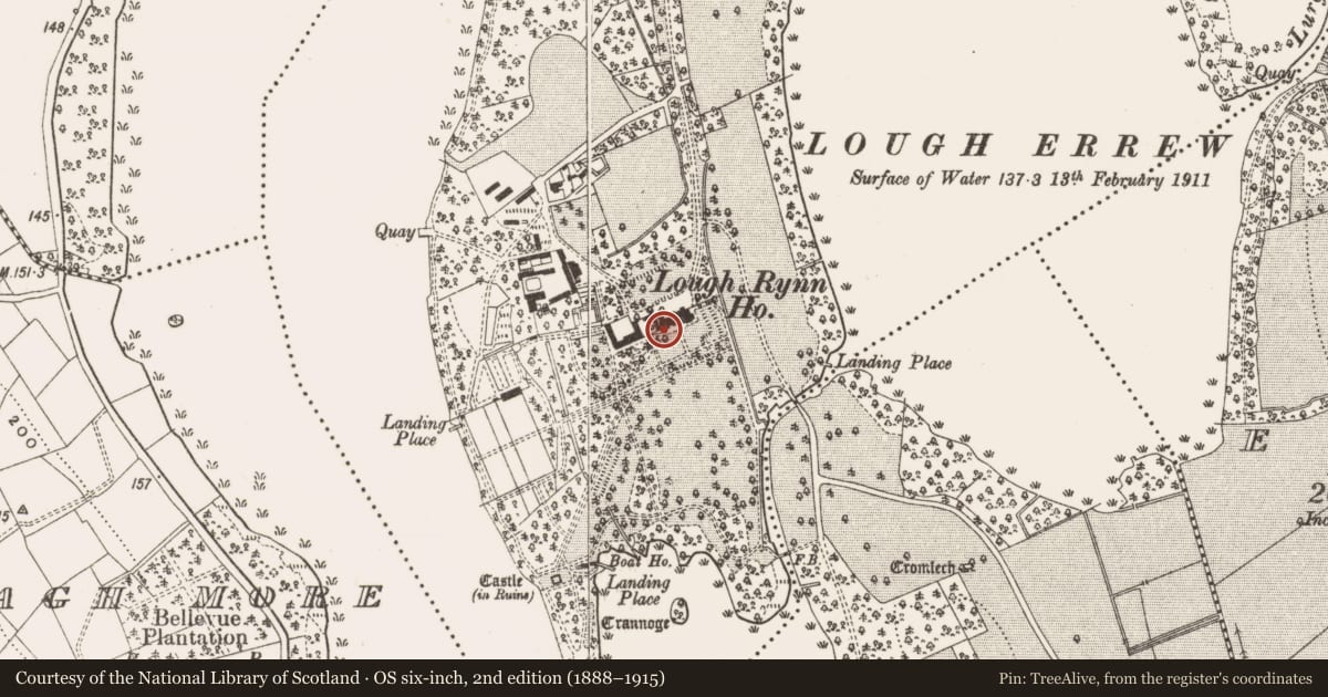 Ordnance Survey six-inch map, 2nd edition (1888–1915) covering the location of Country house, Rinn, County Leitrim, with a pin at the register's coordinates