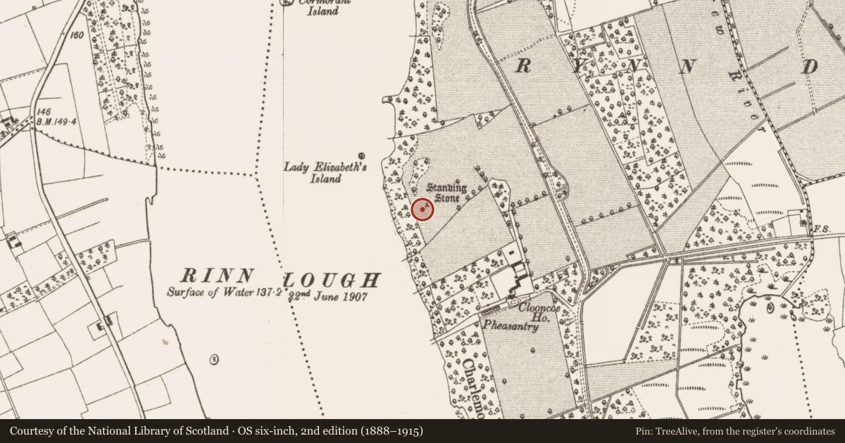 Ordnance Survey six-inch map, 2nd edition (1888–1915) covering the location of Standing stone, Clooncoe, County Leitrim, with a pin at the register's coordinates