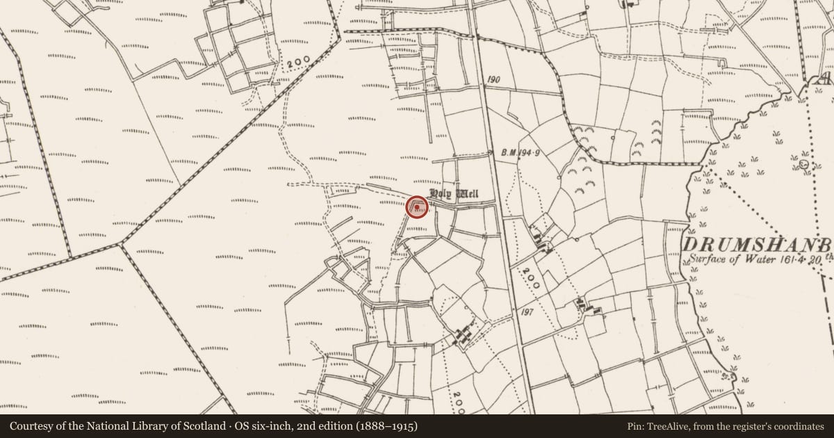 Ordnance Survey six-inch map, 2nd edition (1888–1915) covering the location of Ritual site - holy well, Drumshanbo South, County Leitrim, with a pin at the register's coordinates