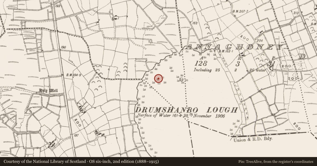 Ordnance Survey six-inch map, 2nd edition (1888–1915) covering the location of Crannog, Anskert, County Leitrim, with a pin at the register's coordinates
