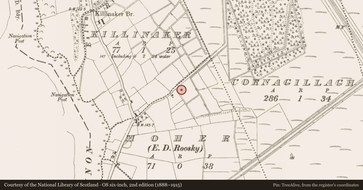 Ordnance Survey six-inch map, 2nd edition (1888–1915) covering the location of Fulacht fia, Moher, County Leitrim, with a pin at the register's coordinates