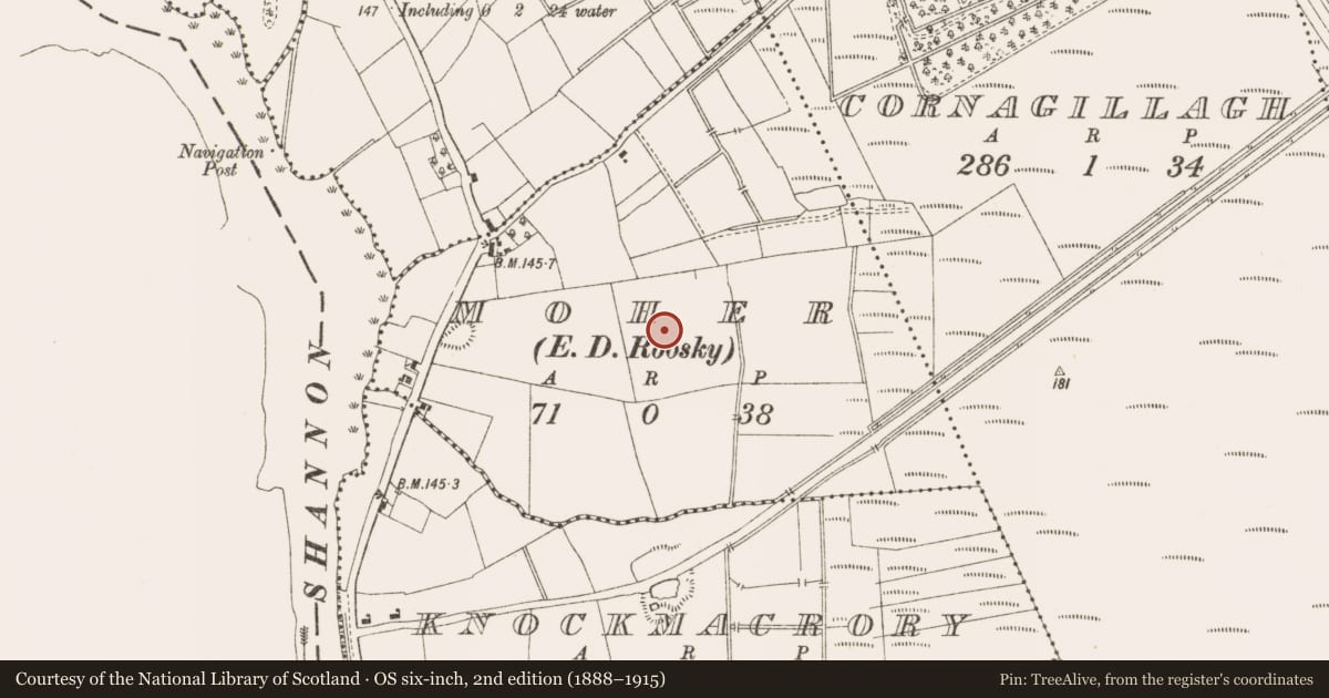 Ordnance Survey six-inch map, 2nd edition (1888–1915) covering the location of Burnt pit, Moher, County Leitrim, with a pin at the register's coordinates