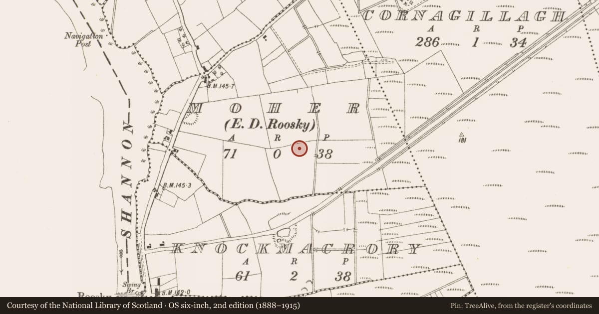 Ordnance Survey six-inch map, 2nd edition (1888–1915) covering the location of Burnt mound, Moher, County Leitrim, with a pin at the register's coordinates