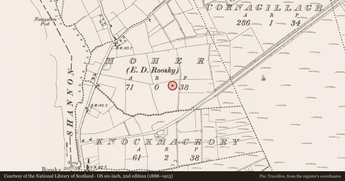 Ordnance Survey six-inch map, 2nd edition (1888–1915) covering the location of Burnt mound, Moher, County Leitrim, with a pin at the register's coordinates