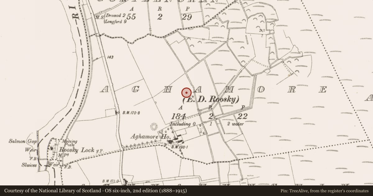 Ordnance Survey six-inch map, 2nd edition (1888–1915) covering the location of Excavation - miscellaneous, Aghamore, County Leitrim, with a pin at the register's coordinates