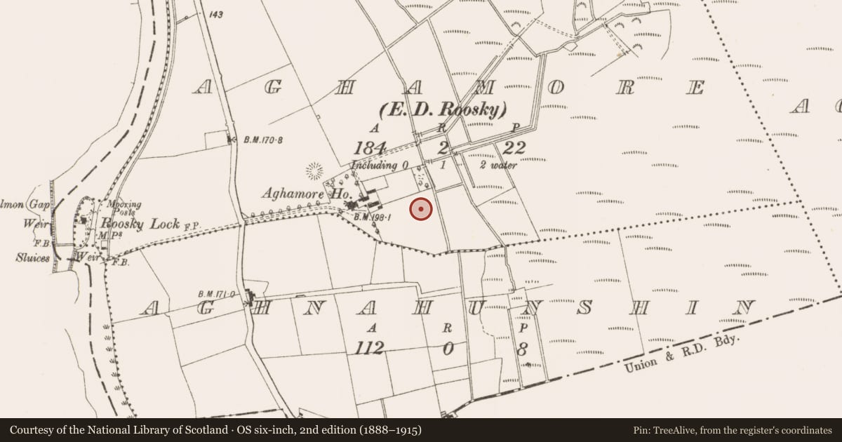 Ordnance Survey six-inch map, 2nd edition (1888–1915) covering the location of Fulacht fia, Aghamore, County Leitrim, with a pin at the register's coordinates