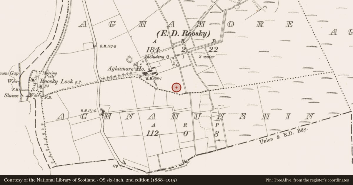 Ordnance Survey six-inch map, 2nd edition (1888–1915) covering the location of Fulacht fia, Aghamore, County Leitrim, with a pin at the register's coordinates