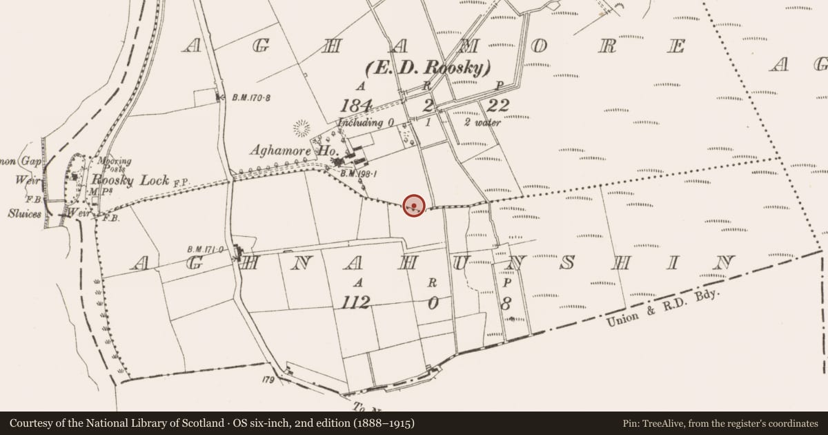 Ordnance Survey six-inch map, 2nd edition (1888–1915) covering the location of Fulacht fia, Aghamore, County Leitrim, with a pin at the register's coordinates