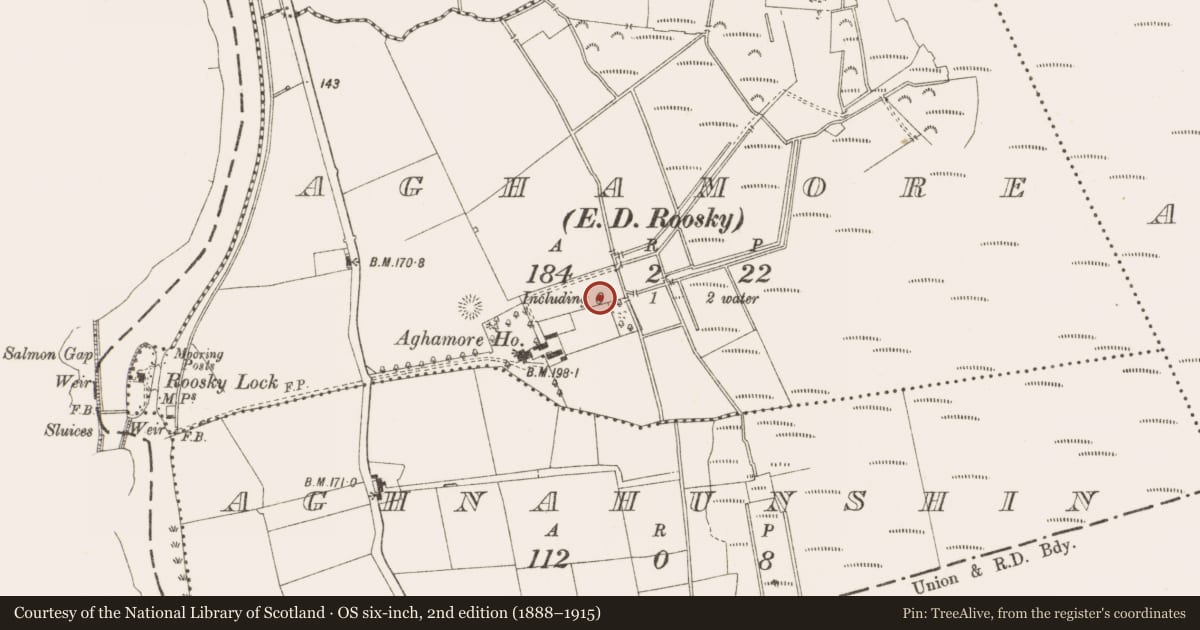 Ordnance Survey six-inch map, 2nd edition (1888–1915) covering the location of Burnt mound, Aghamore, County Leitrim, with a pin at the register's coordinates