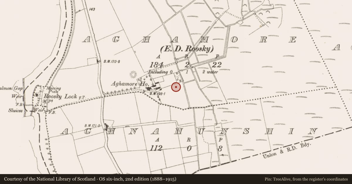Ordnance Survey six-inch map, 2nd edition (1888–1915) covering the location of Burnt mound, Aghamore, County Leitrim, with a pin at the register's coordinates