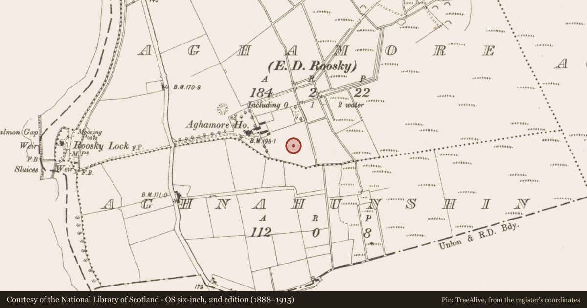 Ordnance Survey six-inch map, 2nd edition (1888–1915) covering the location of Kiln, Aghamore, County Leitrim, with a pin at the register's coordinates