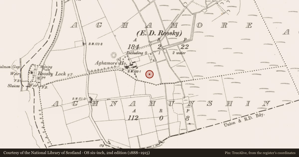 Ordnance Survey six-inch map, 2nd edition (1888–1915) covering the location of Kiln, Aghamore, County Leitrim, with a pin at the register's coordinates