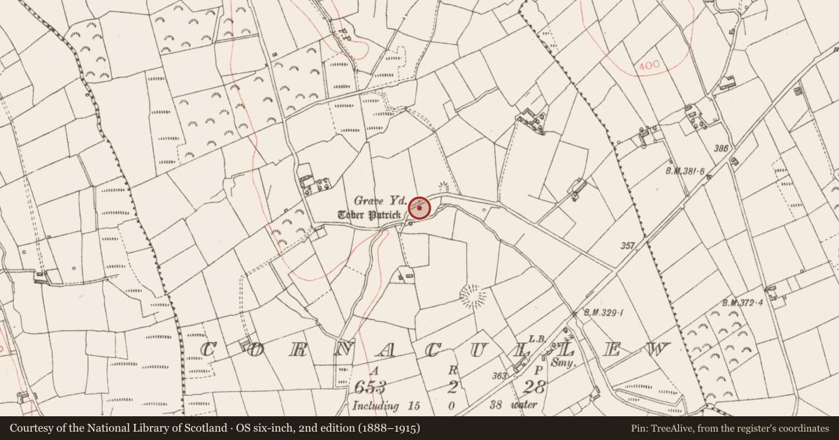 Ordnance Survey six-inch map, 2nd edition (1888–1915) covering the location of Burial ground, Cornacullew, County Longford, with a pin at the register's coordinates